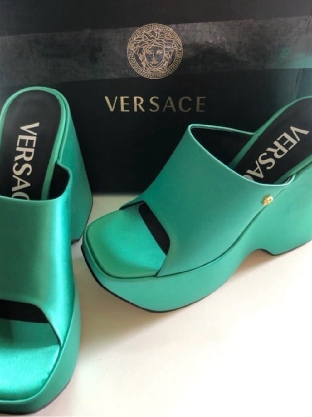 Versace Teal Satin Platform Slide Mules
